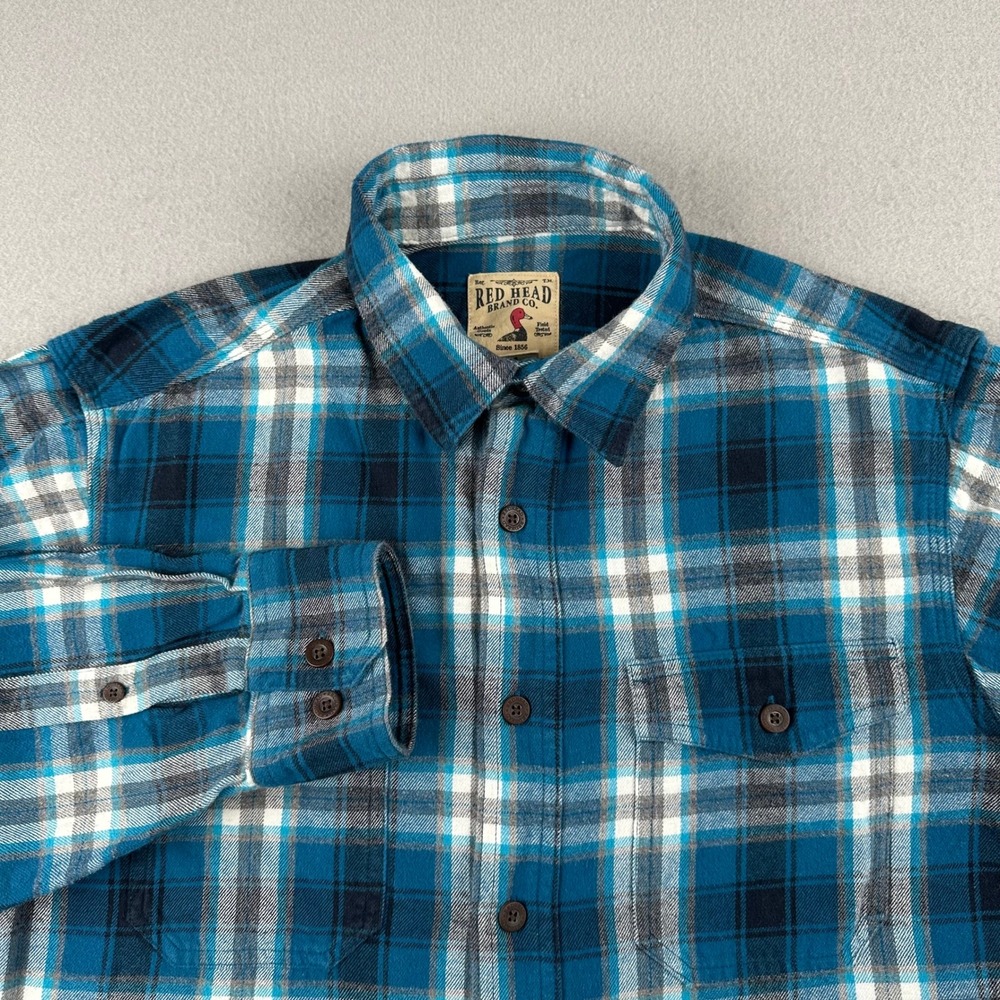 Red Head Flannel Shirt Mens M Blue Plaid Long Sleeve Cotton Button Down 1362